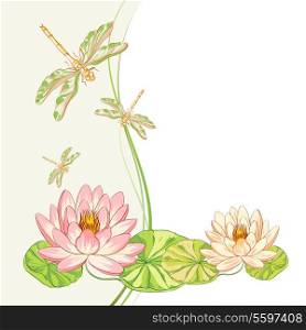 Watercolor label of lotus and dragonfly. Vector illustration.