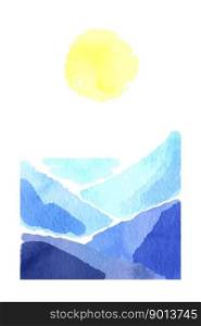 Watercolor landscape. Simple vertical aquarelle abstract sketch with blue mountain range, sea in the distance, and big yellow sun. Hand painted modern scenery illustration in vivid colors. Watercolor landscape, blue mountain view and sun