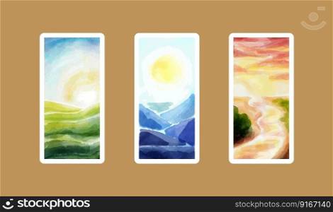 Watercolor landscapes triptych. Simple vertical aquarelle sketches, summer nature views with sun. Various day times - morning, afternoon, evening. Collection of scenery illustrations. Watercolor landscapes, summer nature views and sun