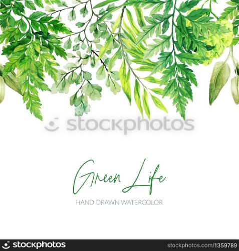 Watercolor leaves, greenery and ferns header, seamless border, hand drawn vector illustration