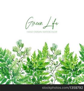 Watercolor leaves, greenery ferns footer, seamless border, hand drawn vector illustration