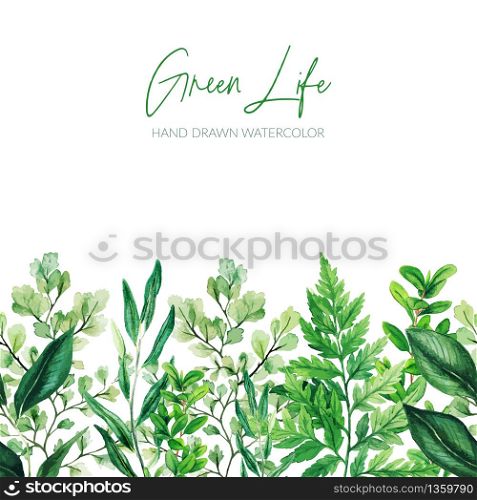 Watercolor leaves, greenery footer, seamless border, hand drawn vector illustration