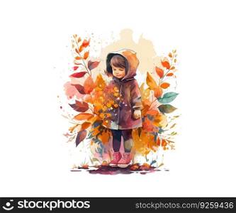 Watercolor little girl and autumn floral. Vector illustration desing.