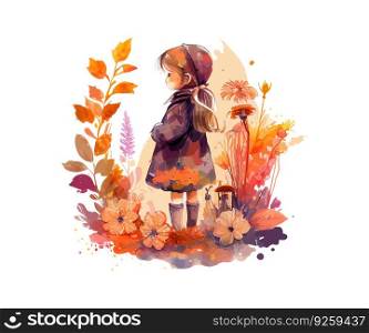 Watercolor little girl and autumn floral. Vector illustration desing.