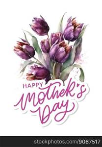 WaterColor Mother&rsquo;s day greeting card with flowers background for for banners,Wallpaper, invitation, posters, brochure, voucher discount.. WaterColor Mother&rsquo;s day greeting card purple pink tulip illustration with flowers background for banners,Wallpaper, invitation, posters, brochure, voucher discount.