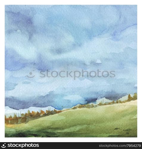Watercolor Nature background. Field and forest, summer landscape. Hand drawn painting.