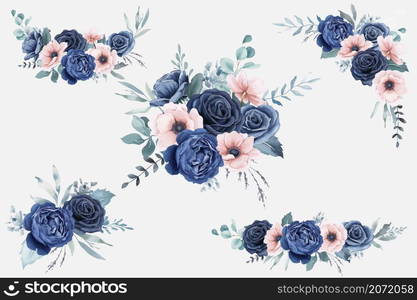 Watercolor Navy Blue Roses and Peach Anemones Bouquets