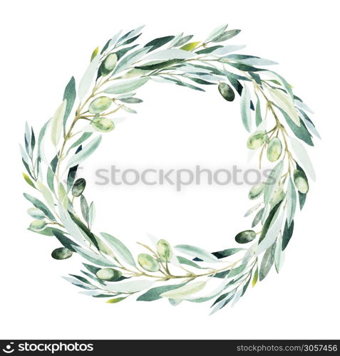 Watercolor olive wreath. Sketch of olive branch on white background.