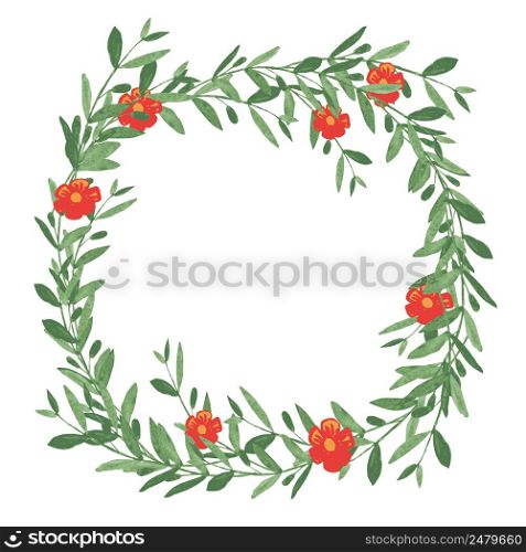 Watercolor olive wreath with red flower. Isolated vector illustration on white background. Organic and natural concept.