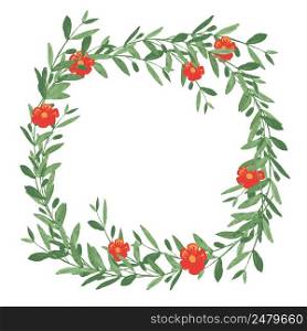 Watercolor olive wreath with red flower. Isolated vector illustration on white background. Organic and natural concept.