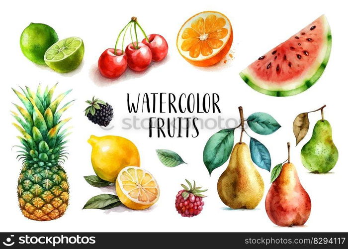 Watercolor painted collection of fruits. Hand drawn fresh food design elements isolated on white background.