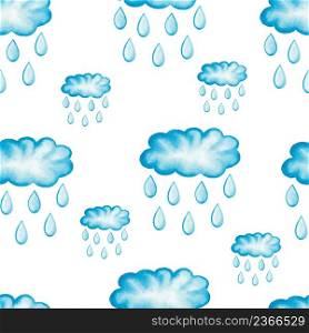 Watercolor painted rainy clouds with raindrops. Can be used for wallpaper, pattern fills, web page background, surface textures.. Watercolor seamless pattern.