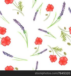 Watercolor painted seamless lavender and poppy flowers pattern.