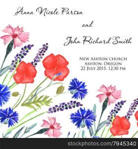 Watercolor painted wedding invitation. Cornflower, lavender, sweet pea and poppy flowers pattern.