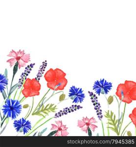 Watercolor painted wedding invitation. Cornflower, lavender, sweet pea and poppy flowers pattern.