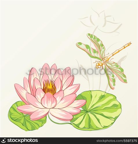 Watercolor painting of lotus and dragonfly. Vector illustration.