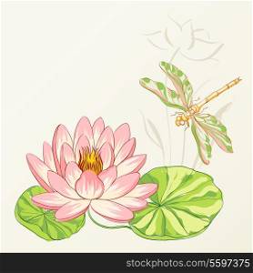 Watercolor painting of lotus and dragonfly. Vector illustration.