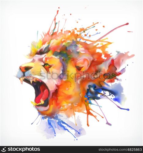 Watercolor painting. Roaring lion, vector illustration, isolated on a white background