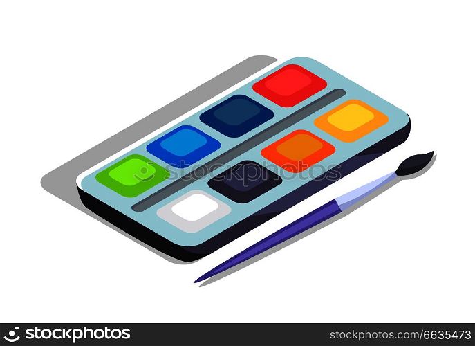 Watercolor paints colorful palette in box with brush vector illustration isolated on white. Aquarelle color paint for drawing or art lessons. Watercolor Paints Colorful Palette Box with Brush