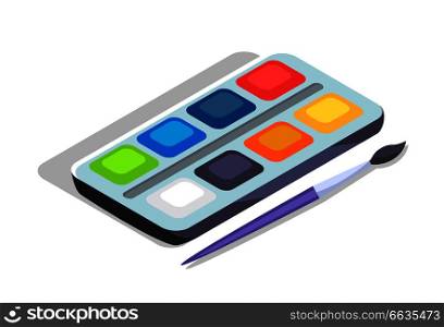 Watercolor paints colorful palette in box with brush vector illustration isolated on white. Aquarelle color paint for drawing or art lessons. Watercolor Paints Colorful Palette Box with Brush
