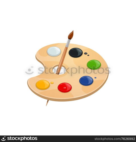 Watercolor palette with paint brush. Vector isolated artist tool or school painting lesson tool. Watercolor palette, artist painting brush