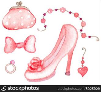 Watercolor pink female fashionable accessories. Vector illustration.