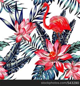 Watercolor pink flamingo and flower lotus on floral nature background. Trendy blue exotic tropic plant banana palm leaf, print wallpaper seamless vector pattern