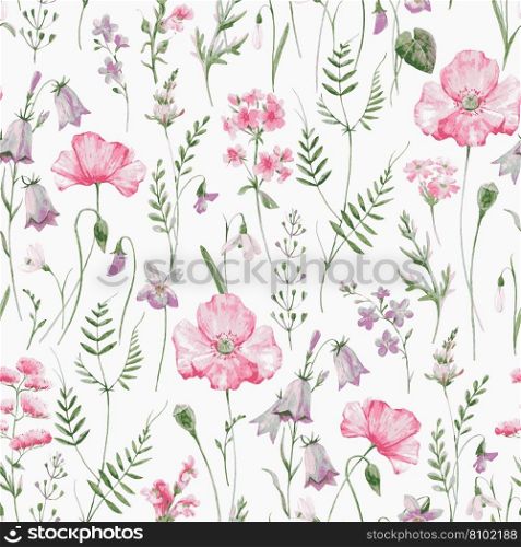 Watercolor pink flower with green leaves repeat Vector Image