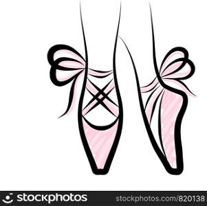 Watercolor pointe shoes with ribbon bow. Hand drawn art work isolated on white background. Vector pastel ballerina shoes hanging. Girl dance print