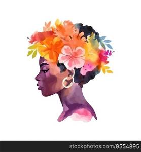 Watercolor portrait of black woman with tropical flower. Vector illustration design.