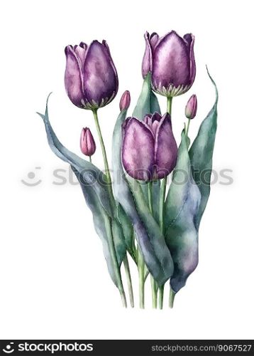 Watercolor purple pink tulip illustration Women&rsquo;s day. Watercolor purple pink tulip illustration Women&rsquo;s day greeting card