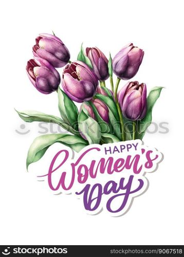 Watercolor purple pink tulip illustration Women’s day. Women’s day greeting card Watercolor purple pink tulip illustration Women’s day greeting card