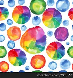 Watercolor rainbow repeated pattern. Abstracts rounded bubbles seamless pattern. Hand painted illustration.. Vector round shapes seamless ornament.