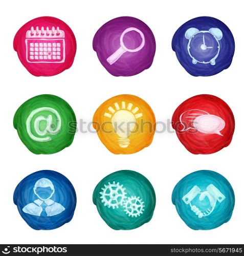 Watercolor round business icons set of calendar magnifier alarm clock isolated vector illustration