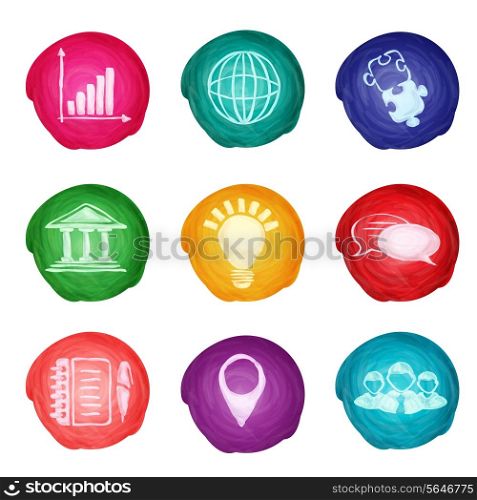 Watercolor round business icons set of chart puzzle globe isolated vector illustration.