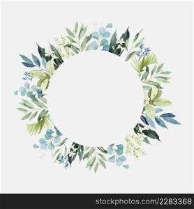 Watercolor round frame with greenery leaves branch
