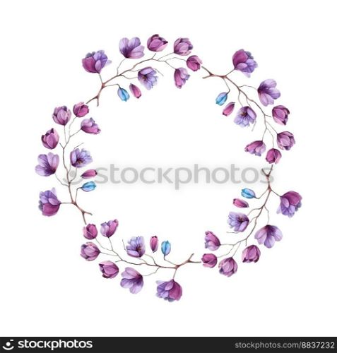 Watercolor sakura wreath. Natural round frame with blossom cherry tree branches. Hand drawn japanese flowers illustration on white background