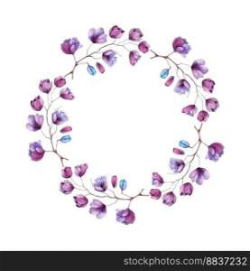 Watercolor sakura wreath. Natural round frame with blossom cherry tree branches. Hand drawn japanese flowers illustration on white background