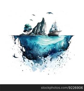 Watercolor sea illustration for paper design. White color background. Watercolor splash. Abstract art design. Vector illustration.