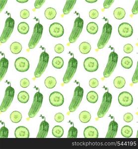 Watercolor seamless pattern with green cucumbers. Vector hand drawn healthy food illustration. Watercolor seamless pattern with green cucumbers. Vector hand drawn healthy food illustration.