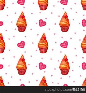 Watercolor seamless pattern with hand painted watercolor cupcake and sweet hearts. Hand drawn vector watercolor painting. Watercolor seamless pattern with hand painted watercolor cupcake and sweet hearts. Hand drawn vector watercolor