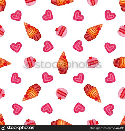 Watercolor seamless pattern with hand painted watercolor cupcake, macaroons and sweet hearts. Hand drawn vector watercolor painting. Watercolor seamless pattern with hand painted watercolor cupcake, macaroons and sweet hearts. Hand drawn vector watercolor