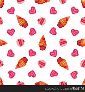 Watercolor seamless pattern with hand painted watercolor cupcake, macaroons and sweet hearts. Hand drawn vector watercolor painting. Watercolor seamless pattern with hand painted watercolor cupcake, macaroons and sweet hearts. Hand drawn vector watercolor