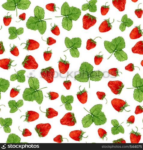 Watercolor seamless pattern with vector strawberries and leaves on the white background. Hand drawn illustration for eco product design, soap package, textile, wrapping etc. Watercolor seamless pattern with vector strawberries and leaves on the white background. Hand drawn illustration for eco product design, soap package, textile, wrapping