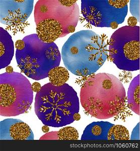 Watercolor seamless texture of bright isolated circles with glitters and snowflakes. Design illustration.. Watercolor seamless texture of bright isolated circles with glitters and snowflakes.