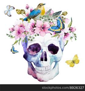 Watercolor skull with flowers vector image