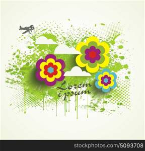 Watercolor splash with flowers for summer holiday design, travel label elements, frames, sale offer.