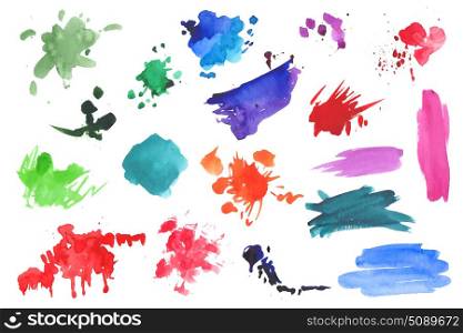 Watercolor splatters collection. Collection of watercolor splatters isolated on white.