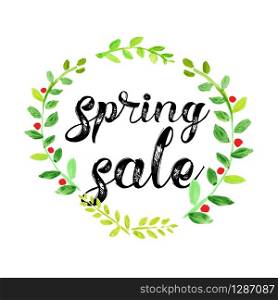Watercolor Spring sale vector poster with fresh green leafs