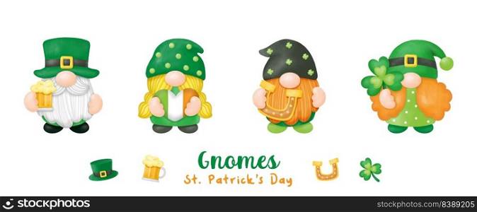 Watercolor St. Patrick’s Day Gnomes Clipart, Digital painting